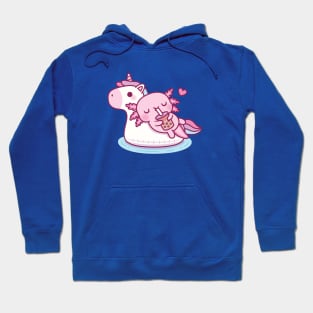 Cute Axolotl Chilling On Unicorn Pool Float Drinking Bubble Tea Hoodie